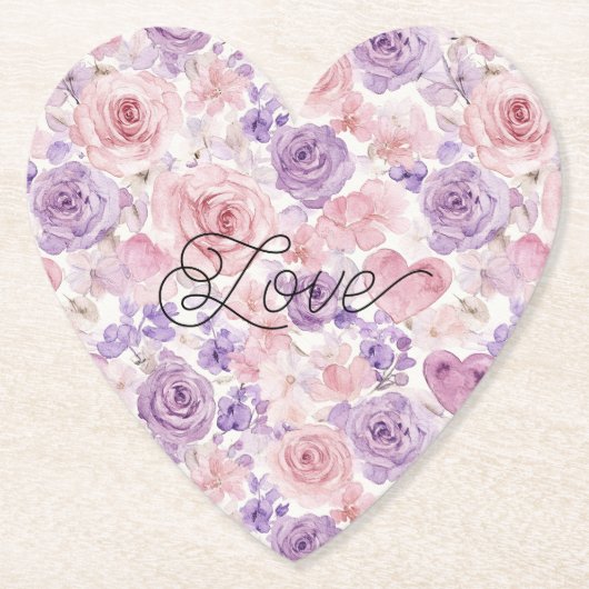 Pink Purple Blush Flowers Hearts Bridal Shower ペーパーコースター (正面)