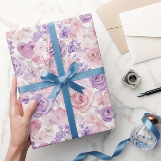 Pink Purple Blush Flowers Hearts Valentine's Day ラッピングペーパー (ギフト)