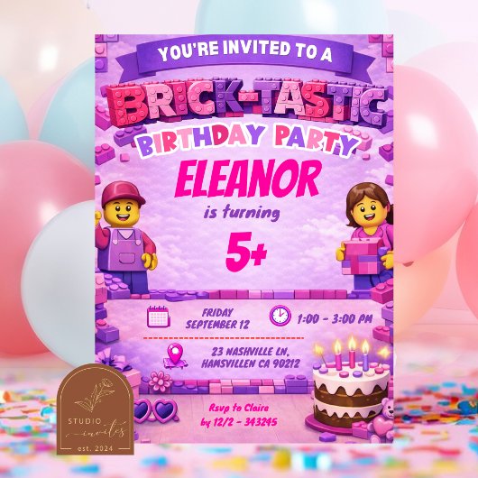 Pink Purple Bricks Colorful Girl Birthday Party In 招待状