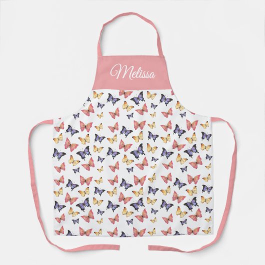 Pink Purple Butterflies Custom Name  エプロン (正面)