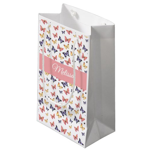 Pink Purple Butterflies Custom Name スモールペーパーバッグ (正面アングル)