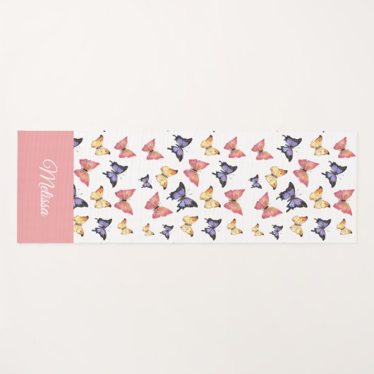 Pink Purple Butterflies Custom Name ヨガマット (正面(横))