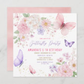 Pink Purple Butterflies Girl 5th Birthday Party 招待状 (正面/裏面)