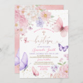 Pink & Purple Butterflies Girl Watercolor Baptism 招待状 (正面/裏面)