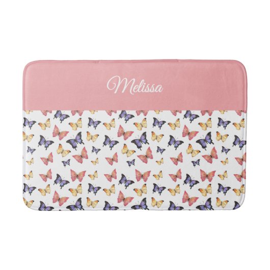 Pink Purple Butterflies Monogram Name バスマット (正面)