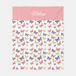 Pink Purple Butterflies Monogram Name フリースブランケット