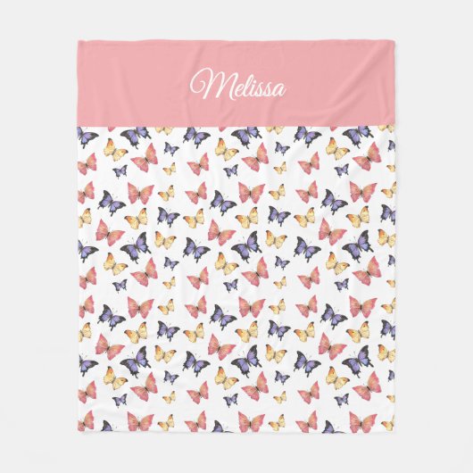 Pink Purple Butterflies Monogram Name フリースブランケット (正面)
