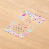 Pink Purple Butterfly Baby Shower  アクリル招待状 (レイダウン)