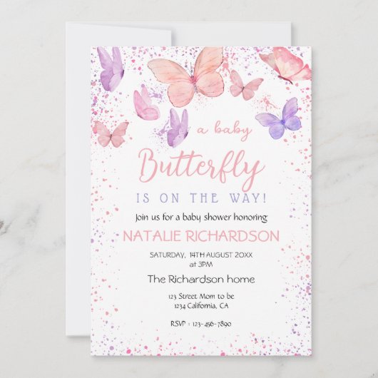 Pink Purple Butterfly Baby Shower 招待状 (正面)