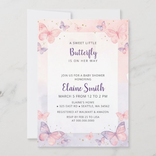 Pink Purple Butterfly Baby Shower  招待状 (正面)
