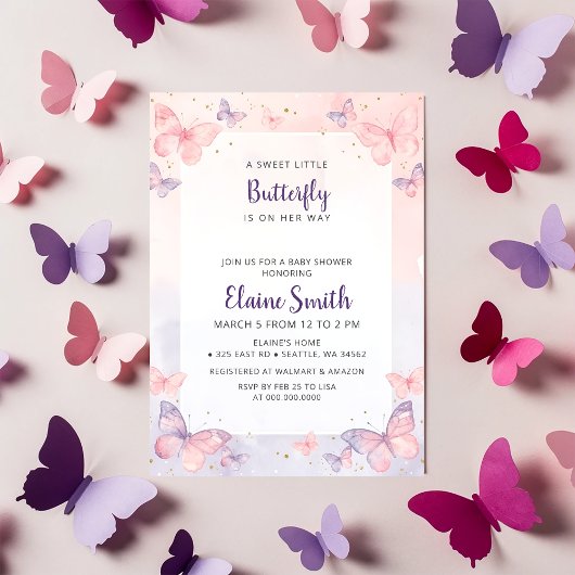 Pink Purple Butterfly Baby Shower  招待状