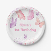 Pink Purple Butterfly Birthday ペーパープレート (正面)