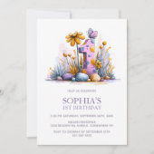 Pink Purple Butterfly Flowers 1st Birthday Party 招待状 (正面)