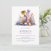 Pink Purple Butterfly Flowers 1st Birthday Party 招待状 (スタンド正面)