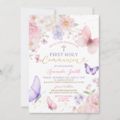 Pink Purple Butterfly Girl First Holy Communion 招待状 (正面)