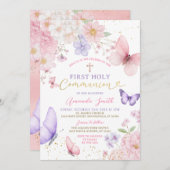 Pink Purple Butterfly Girl First Holy Communion 招待状 (正面/裏面)