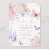 Pink Purple Butterfly Love In Bloom Bridal Shower 招待状 (正面/裏面)