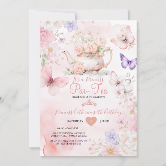 Pink Purple Butterfly Princess ParTea Birthday  招待状 (正面)