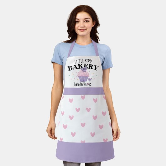 Pink Purple Cupcake Customizable Bakery エプロン (着用した状態)