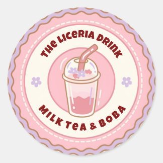 Pink & Purple Cute Boba Milk Tea Logo  ラウンドシール