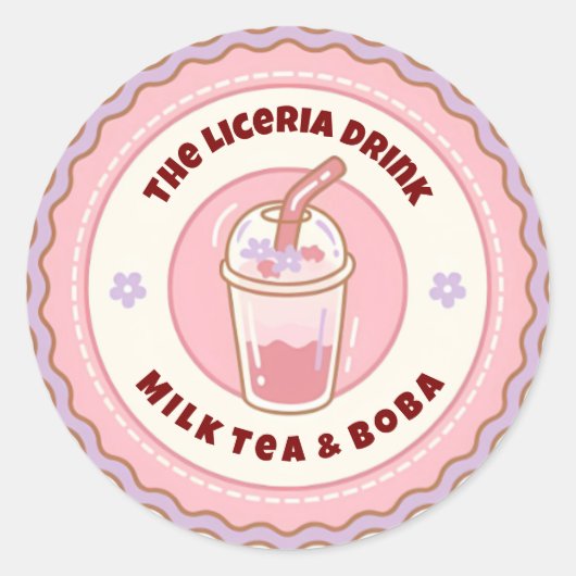 Pink & Purple Cute Boba Milk Tea Logo  ラウンドシール (正面)