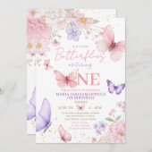 Pink Purple Cute Butterfly Twin Girl 1st Birthday 招待状 (正面/裏面)