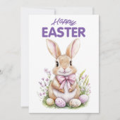 Pink Purple Easter Bunny Floral Happy Easter Card シーズンカード (正面)