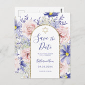 Pink Purple Floral Bat Mitzvah Save the Date ポストカード (正面/裏面)