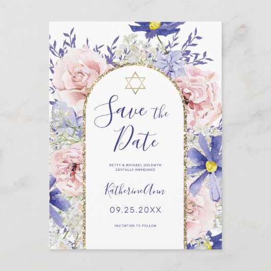 Pink Purple Floral Bat Mitzvah Save the Date ポストカード (正面)