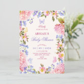Pink purple floral butterflies baby shower 招待状 (スタンド正面)