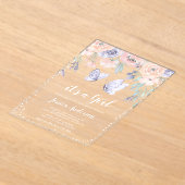 Pink Purple Floral Butterfly Girl Baby Shower アクリル招待状 (レイダウン)