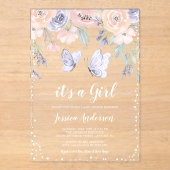 Pink Purple Floral Butterfly Girl Baby Shower アクリル招待状 (正面)
