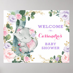 Pink Purple Floral Elephant Eucalyptus Welcome ポスター