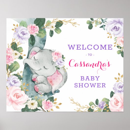 Pink Purple Floral Elephant Eucalyptus Welcome ポスター (正面)
