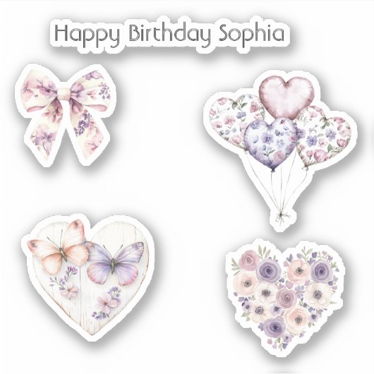 Pink Purple Floral Heart Balloons Birthday シール (正面)