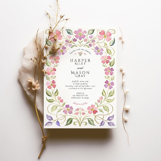 Pink & Purple Floral Petal Frame Wedding 招待状