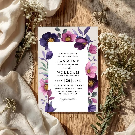 Pink Purple Flowers Elegant Modern QR Code Wedding 招待状