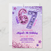 Pink Purple Glitter 67 Birthday Party 招待状 (正面)