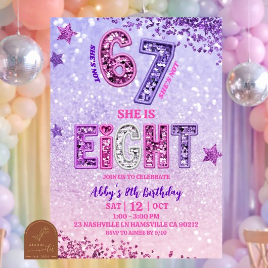 Pink Purple Glitter 67 Girl 8th Birthday PartY 招待状