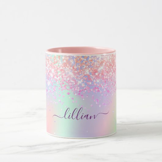 Pink purple glitter dust holographic name script マグカップ (中央)