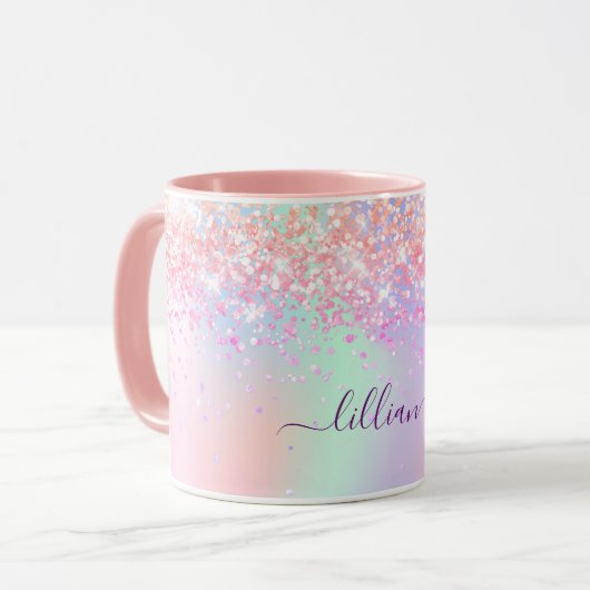 Pink purple glitter dust holographic name script マグカップ (正面左)