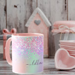 Pink purple glitter dust holographic name script マグカップ<br><div class="desc">A trendy holographic background with unicorn and rainbow pastel colors in pink, purple, rose gold, mint green. Decorated with faux glitter dust. Personalize and add a name, written with a modern hand lettered style script with swashes. Purple colored letters. To keep the swashes only delete the sample name, leave the...</div>