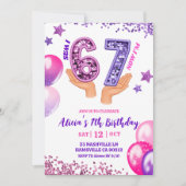 Pink Purple Glitter hand 67 Birthday Party 招待状 (正面)