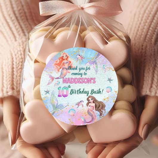 Pink Purple Glitter Mermaids 10th Birthday Party ラウンドシール