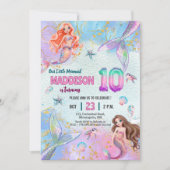 Pink Purple Glitter Mermaids 10th Birthday Party 招待状 (正面)
