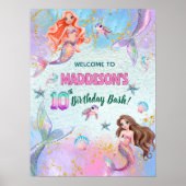 Pink Purple Glitter Mermaids 10th Birthday Welcome ポスター (正面)