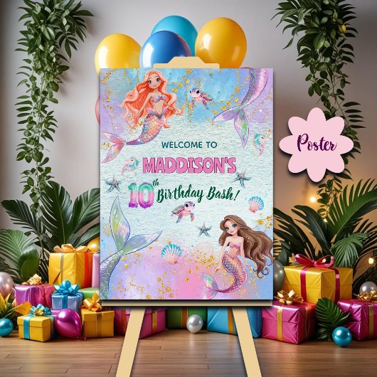 Pink Purple Glitter Mermaids 10th Birthday Welcome ポスター