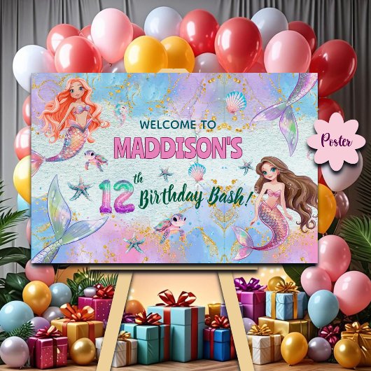 Pink Purple Glitter Mermaids 12th Birthday Welcome ポスター