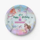 Pink Purple Glitter Mermaids 1st Birthday Party ペーパープレート (正面)