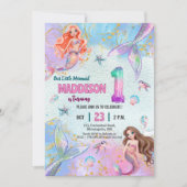 Pink Purple Glitter Mermaids 1st Birthday Party 招待状 (正面)
